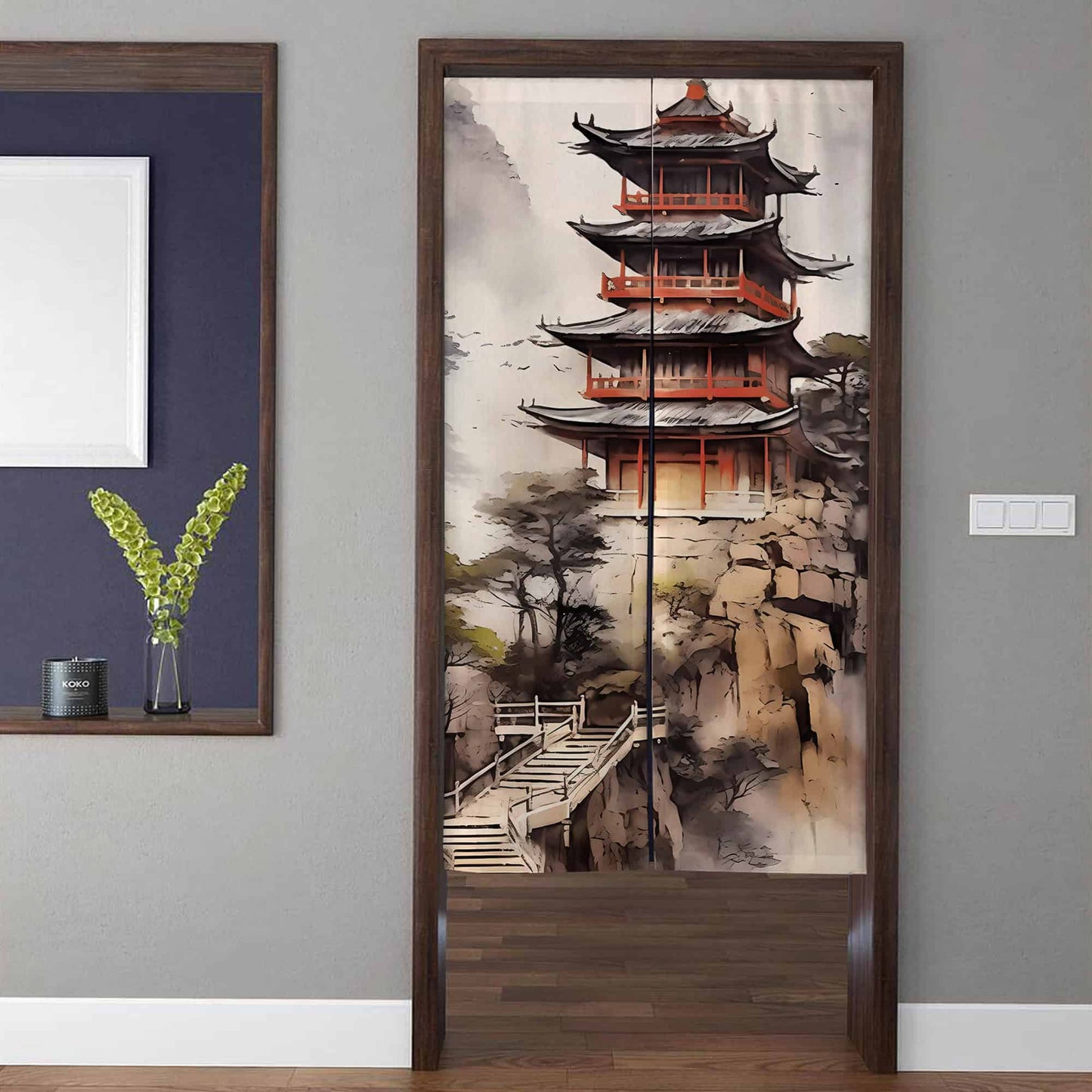 Japanese Traditional Mountain Pagoda Temple & Cliff Bridge Doorway Curtain Noren Zen Room Divider