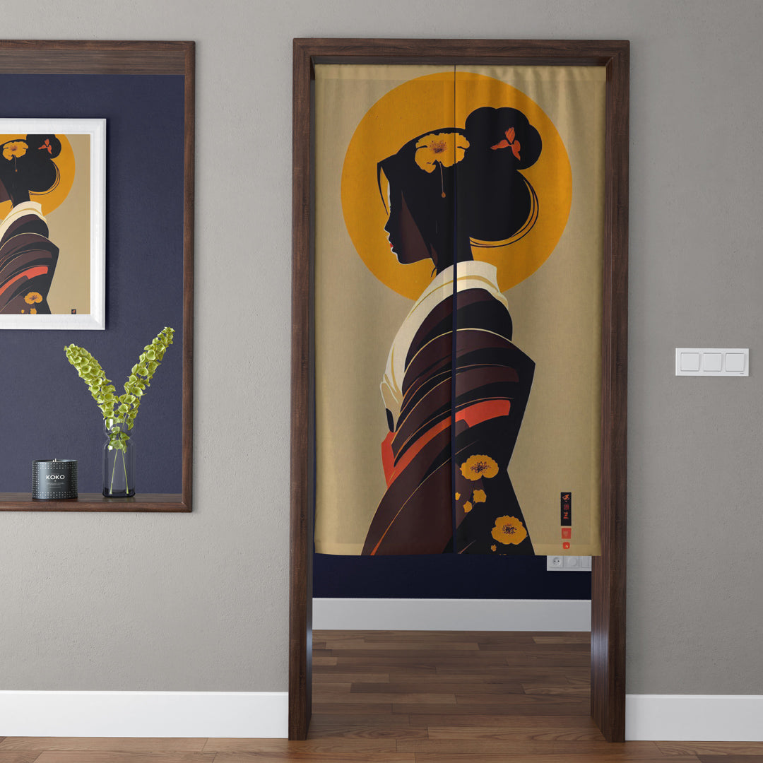 Japanese Traditional Minimalist Golden Sun Geisha Silhouette & Black Kimono Maiden Doorway Curtain Noren Zen Room Divider