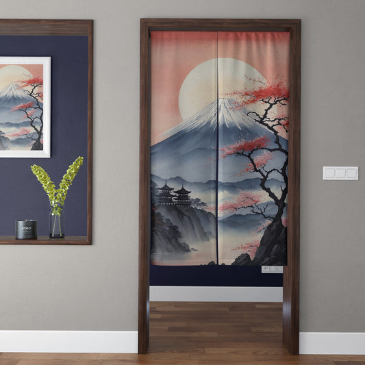 Japanese Traditional Ink Wash Mount Fuji, Full Moon & Red Sakura Doorway Curtain Noren Zen Room Divider