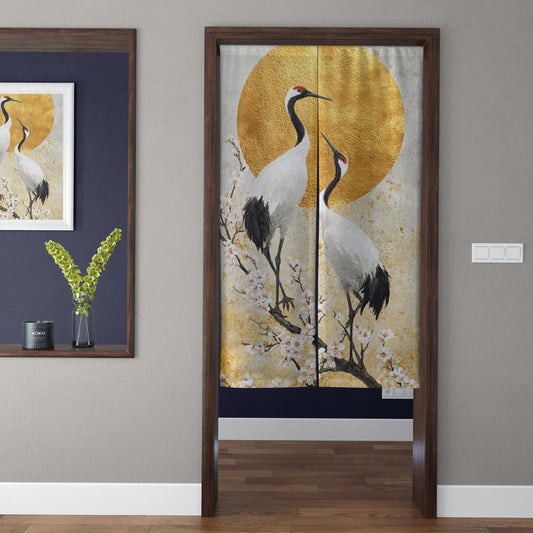 Japanese Traditional Vintage Gold Foil Pair of Cranes & Golden Sun Doorway Curtain Noren Zen Room Divider
