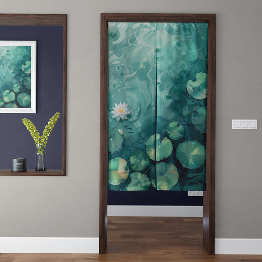 Serene White Water Lily in Emerald Lotus Pond Doorway Curtain Noren Zen Room Divider