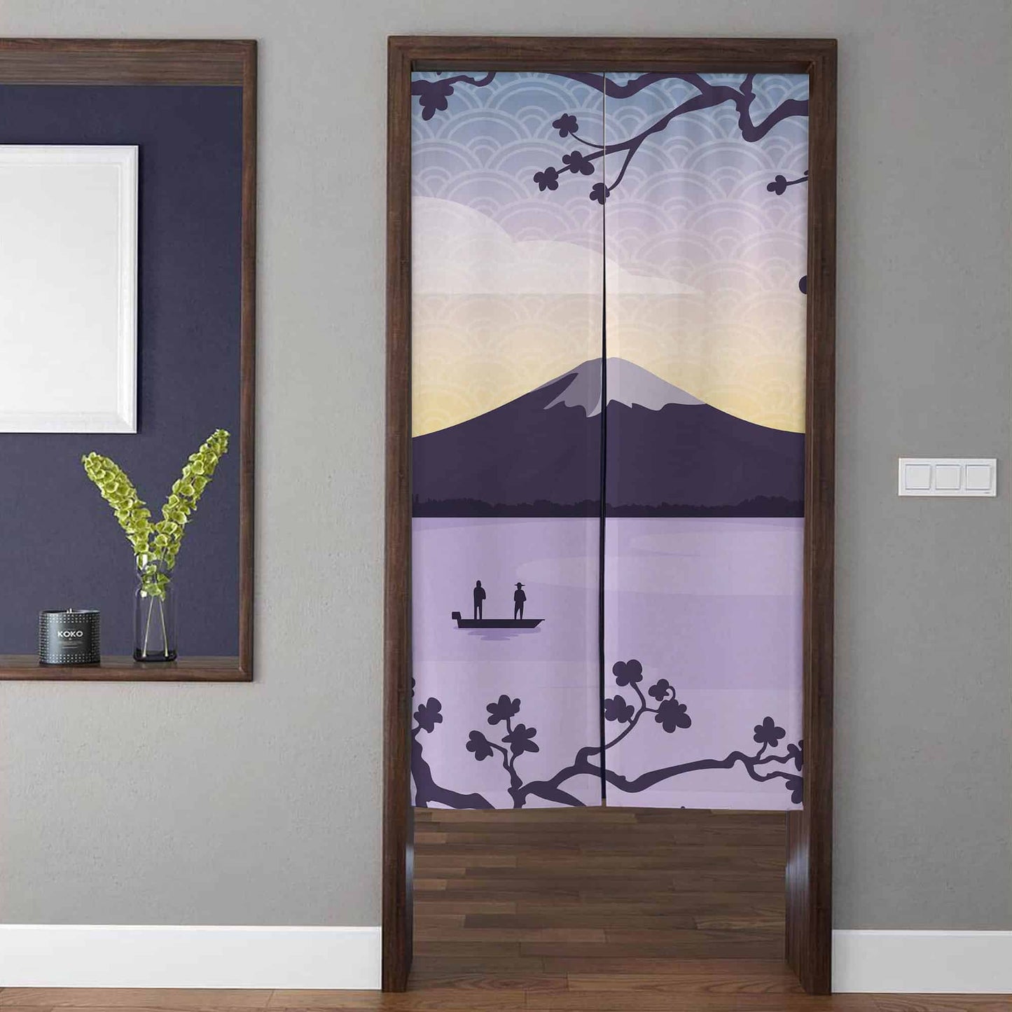 Japanese Traditional Lavender Mount Fuji & Lake Boat Doorway Curtain Noren Seigaiha Divider