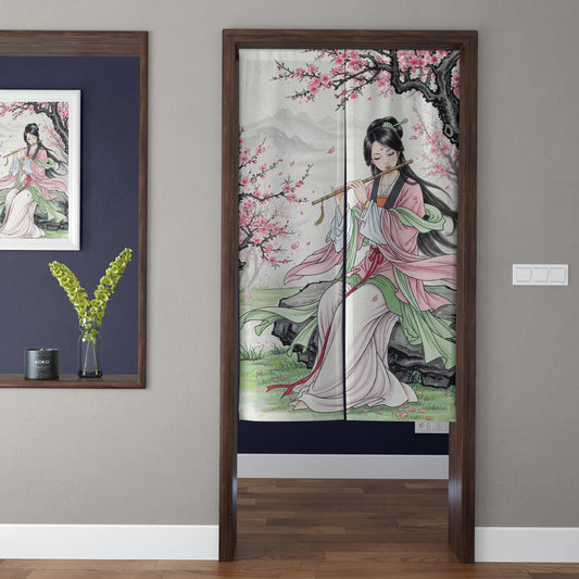 Traditional Oriental Flute Maiden & Peach Blossom Doorway Curtain Noren Zen Room Divider