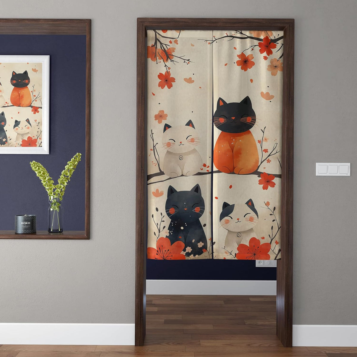 Japanese Watercolor Autumn Maple Branches & Four Cute Cats Doorway Curtain Noren Room Divider