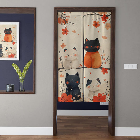 Japanese Watercolor Autumn Maple Branches & Four Cute Cats Doorway Curtain Noren Room Divider