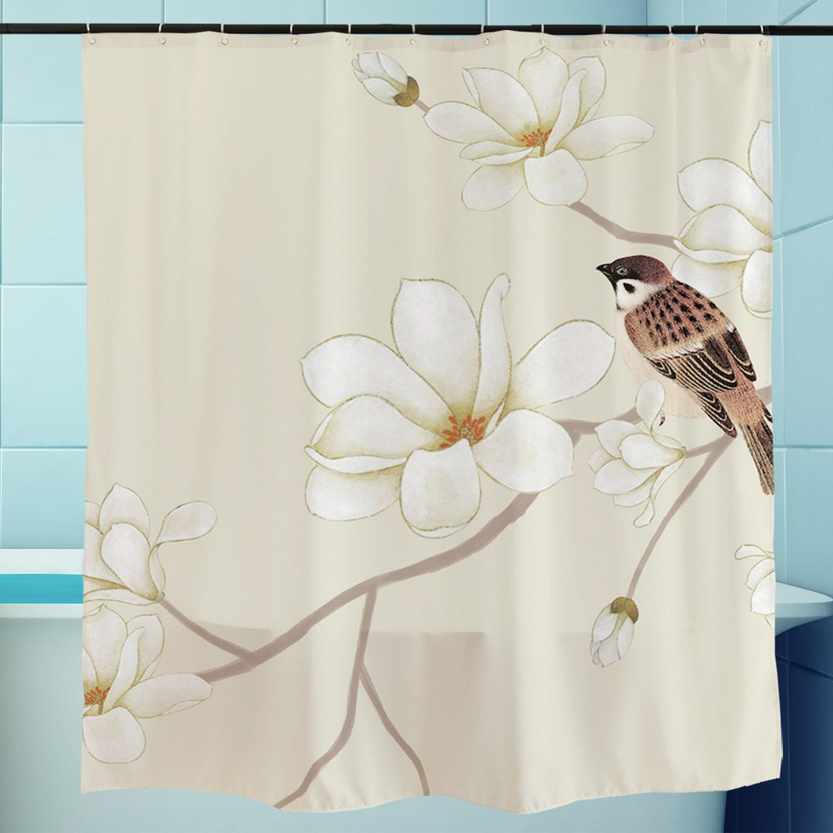 Sparrow & Magnolia Blossom Shower Curtain – Vintage Botanical Floral Waterproof Bathroom Curtain Set