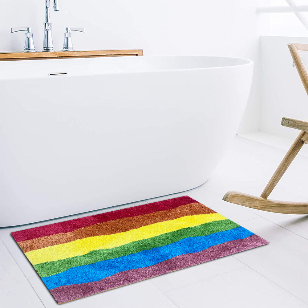 Abstract Blue Wave Ocean Bath Mat & Green Mountain Rug | Non-Slip Washable Beach Landscape Rug