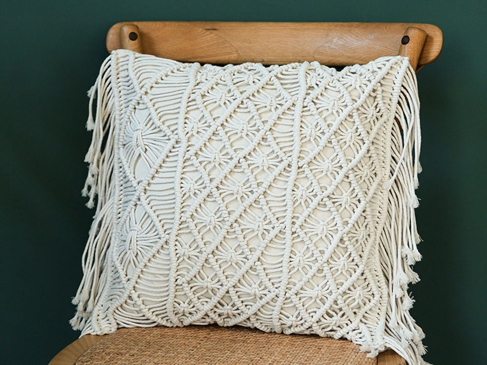 Boho Macramé Woven Throw Pillow Cover – Handcrafted Fringe Cushion Case (18" x 18" / 45 x 45 cm)