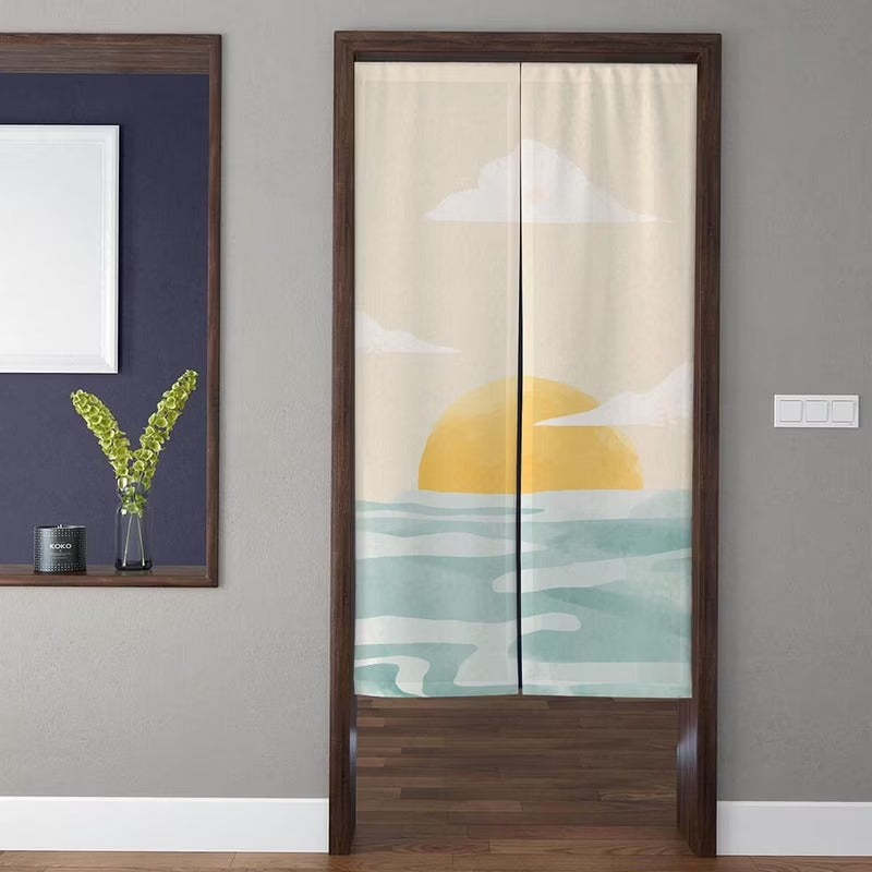 Minimalist French Cream Watercolor Golden Sun & Mint Ocean Waves Doorway Curtain Noren Room Divider
