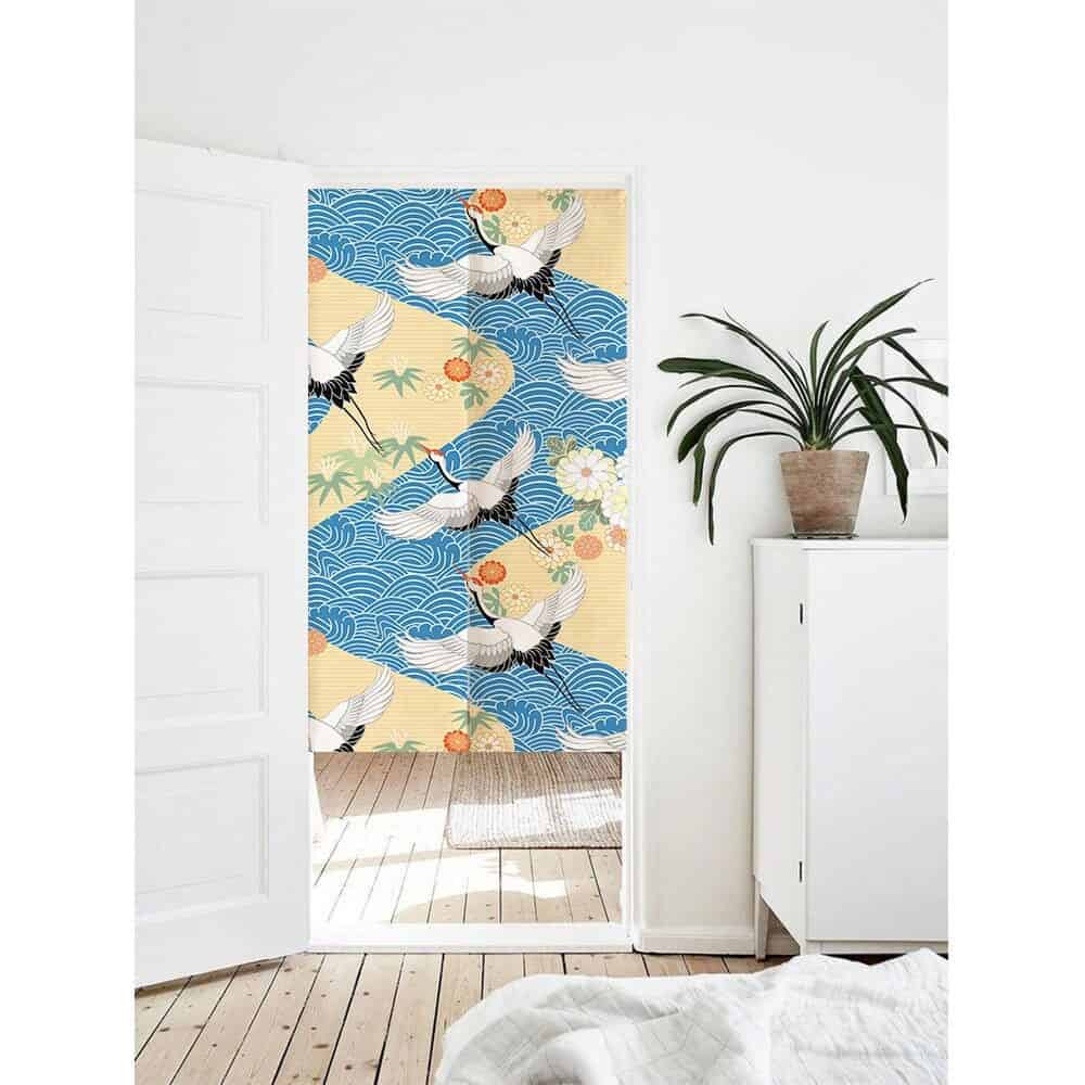 Oriental Japanese Crane Art Print Doorway Curtain Noren image 0