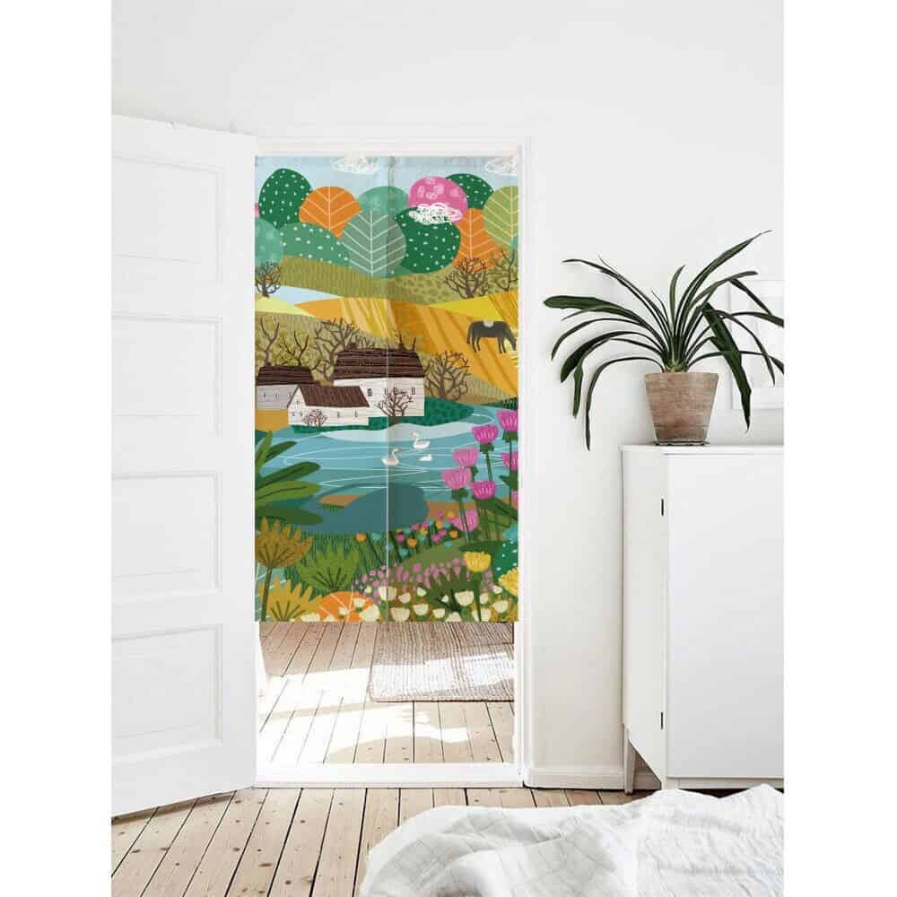 Village Scenery Colorful Art Illustration Doorway Entrance Curtain Noren image 0