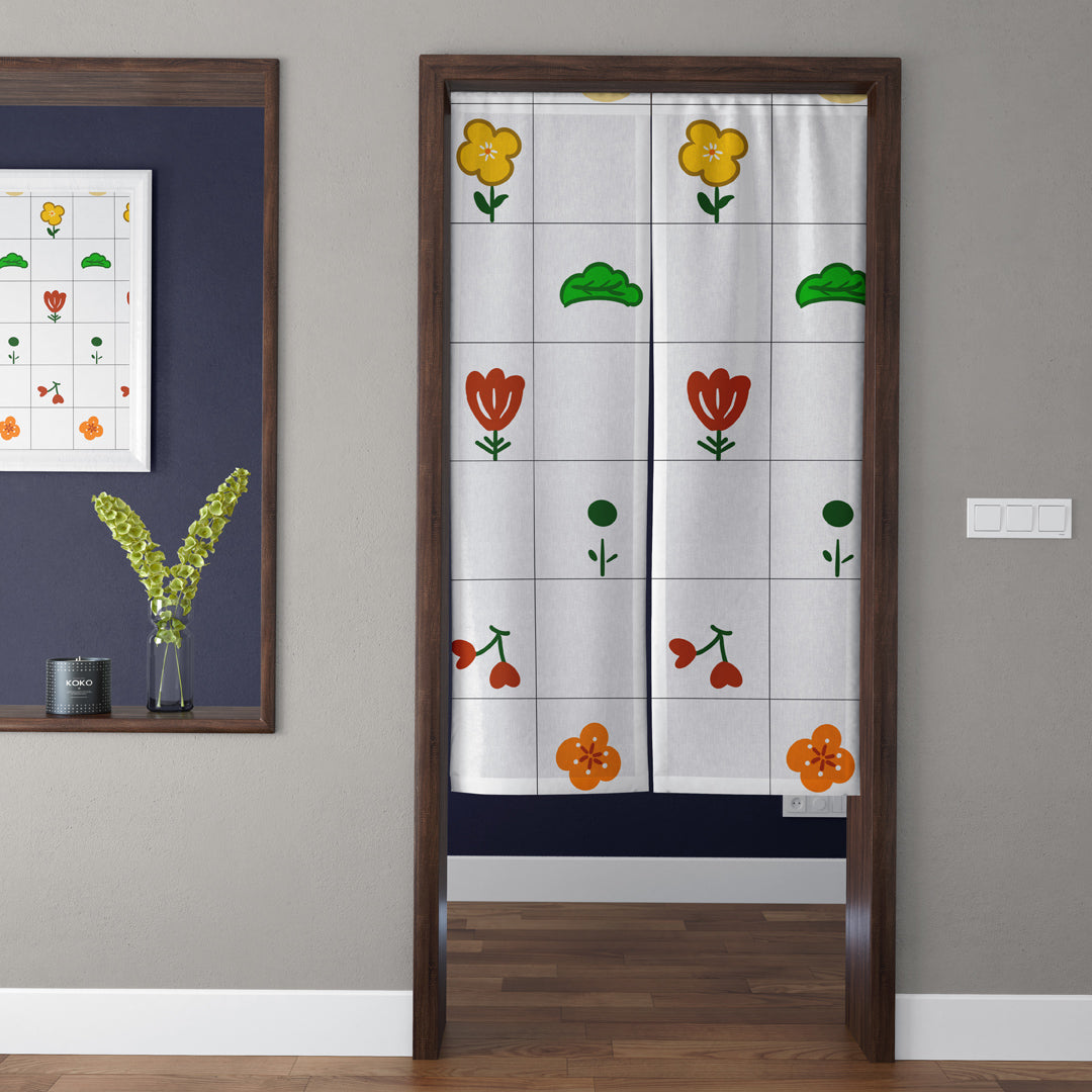 Japanese Zakka Minimalist Grid Floral & Cherry Pattern Doorway Curtain Noren Kitchen Divider