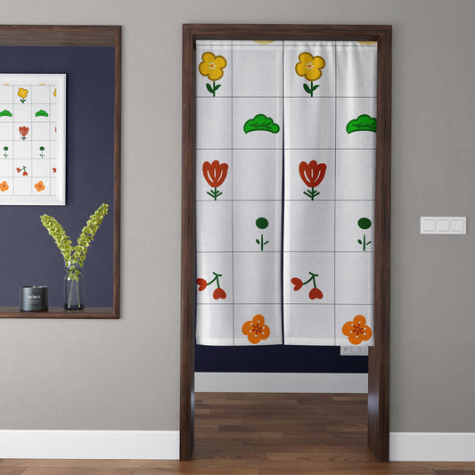 Japanese Zakka Minimalist Grid Floral & Cherry Pattern Doorway Curtain Noren Kitchen Divider