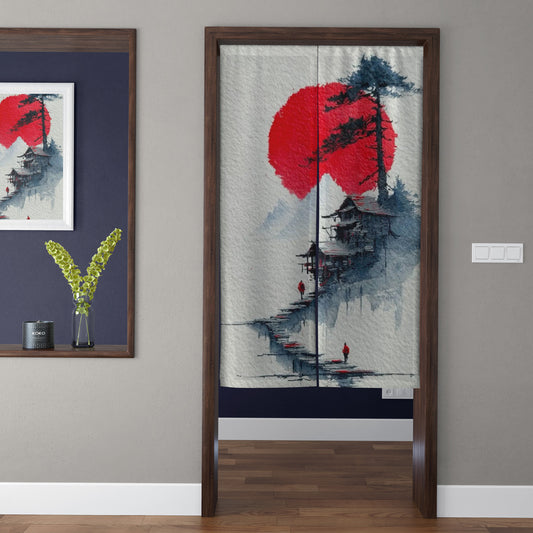 Japanese Traditional Ink Wash Mountain Village, Stone Steps & Crimson Sun Doorway Curtain Noren Zen Room Divider