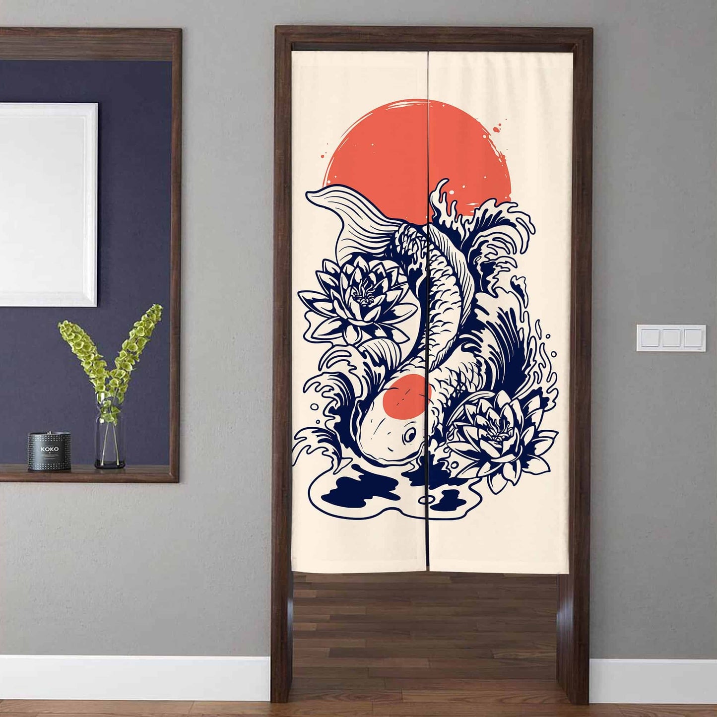 Japanese Traditional Koi Fish & Crimson Sun Doorway Curtain Noren Zen Room Divider