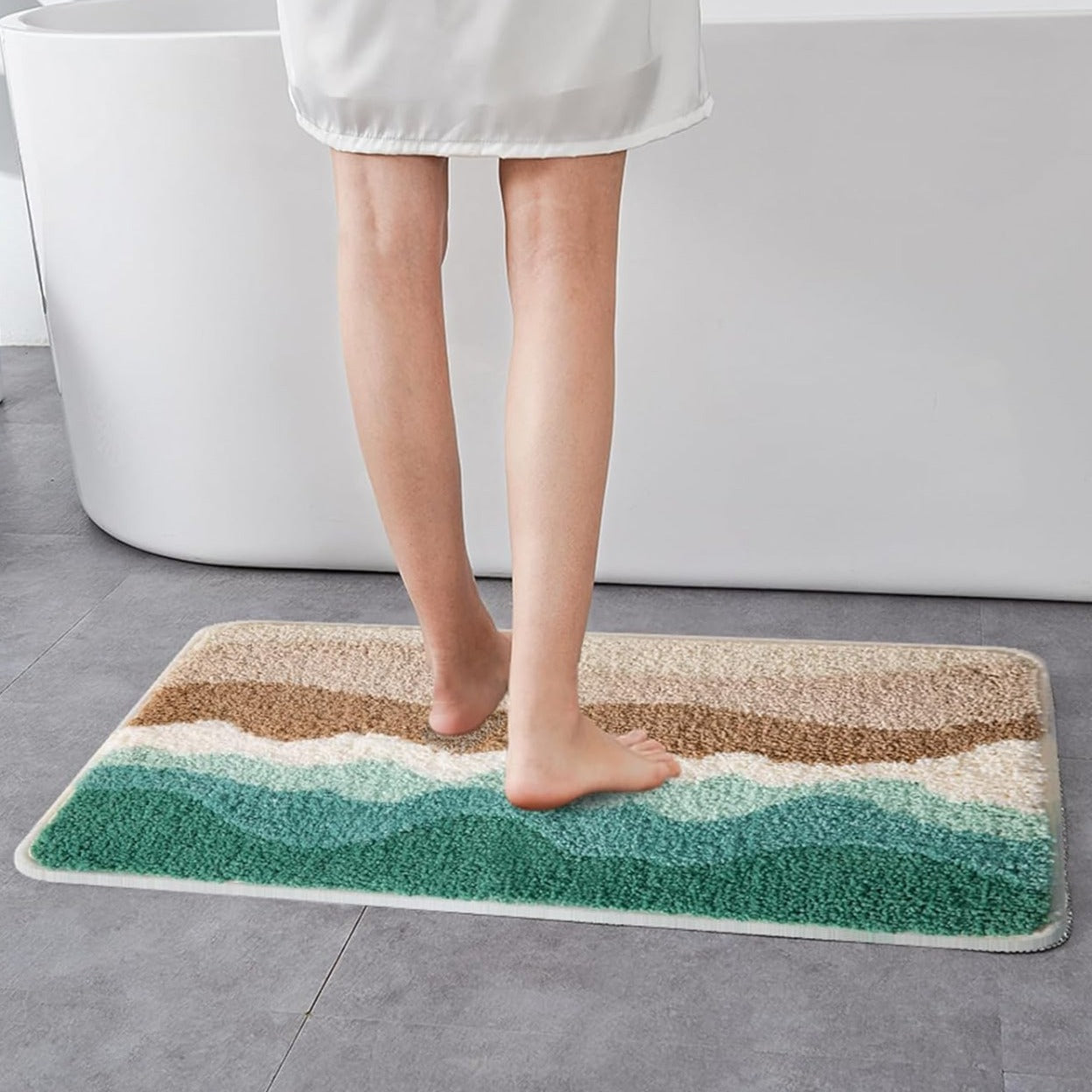 Abstract Blue Wave Ocean Bath Mat & Green Mountain Rug | Non-Slip Washable Beach Landscape Rug