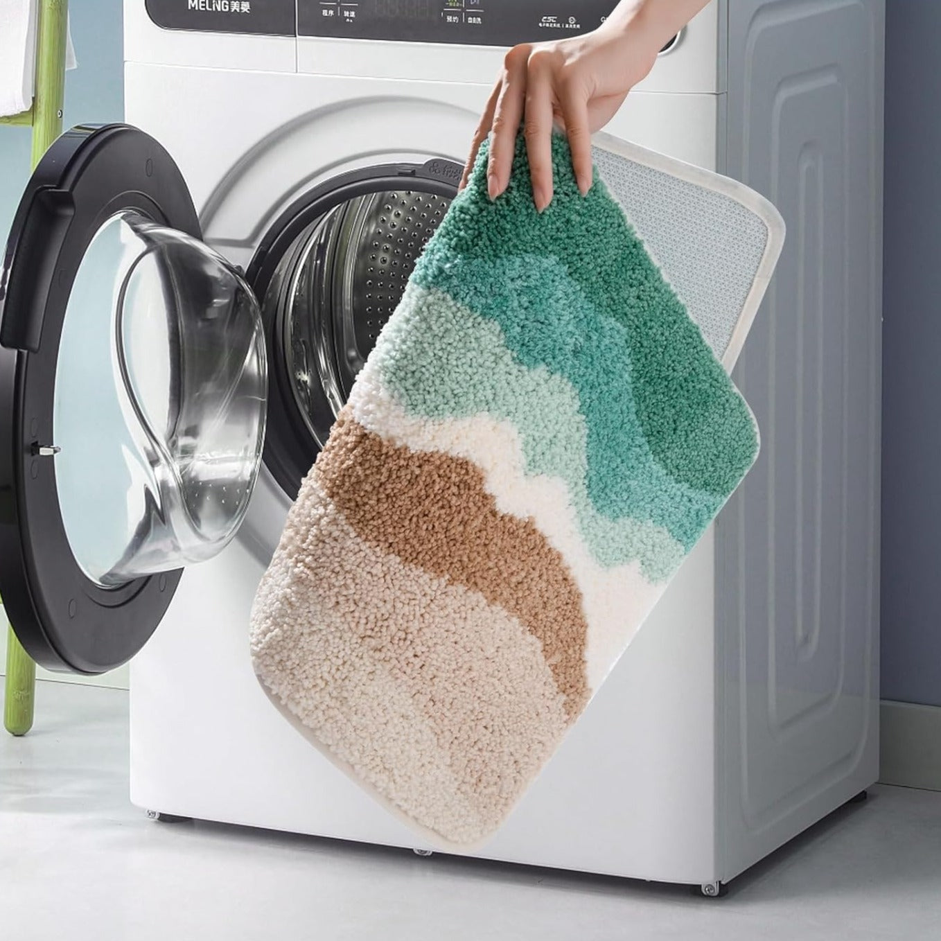 Abstract Blue Wave Ocean Bath Mat & Green Mountain Rug | Non-Slip Washable Beach Landscape Rug
