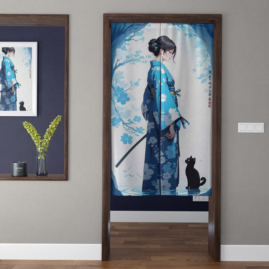 Japanese Vintage Anime Blue Floral Kimono Female Samurai & Black Cat Doorway Curtain Noren Room Divider