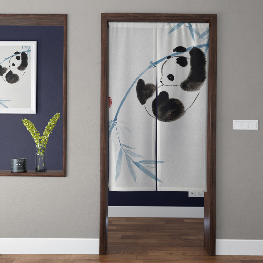 Japanese Traditional Minimalist Ink Wash Climbing Giant Panda & Blue Bamboo Doorway Curtain Noren Zen Room Divider