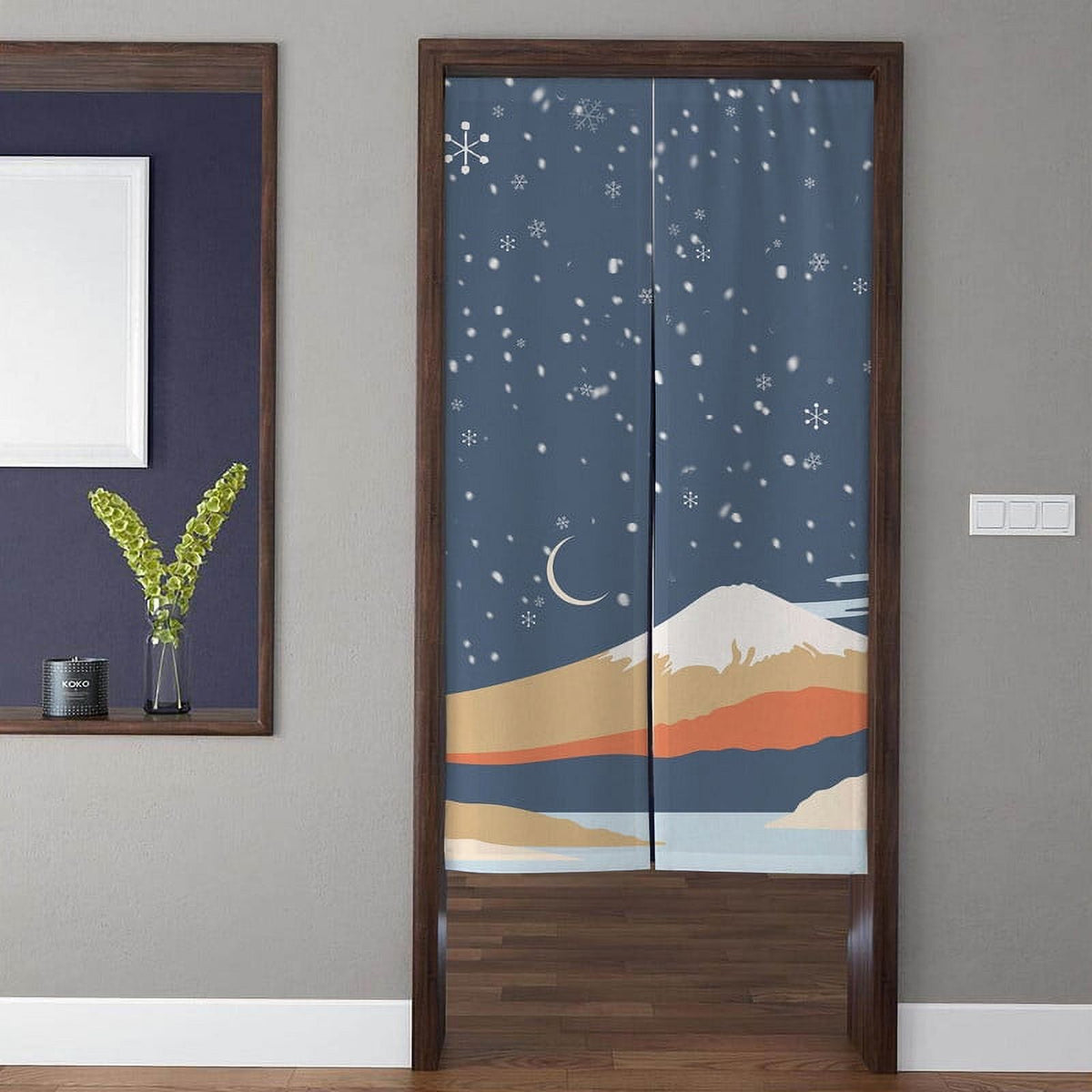 Winter Snow Night Mount Fuji & Falling Snowflakes Japanese Doorway Curtain Noren Room Divider