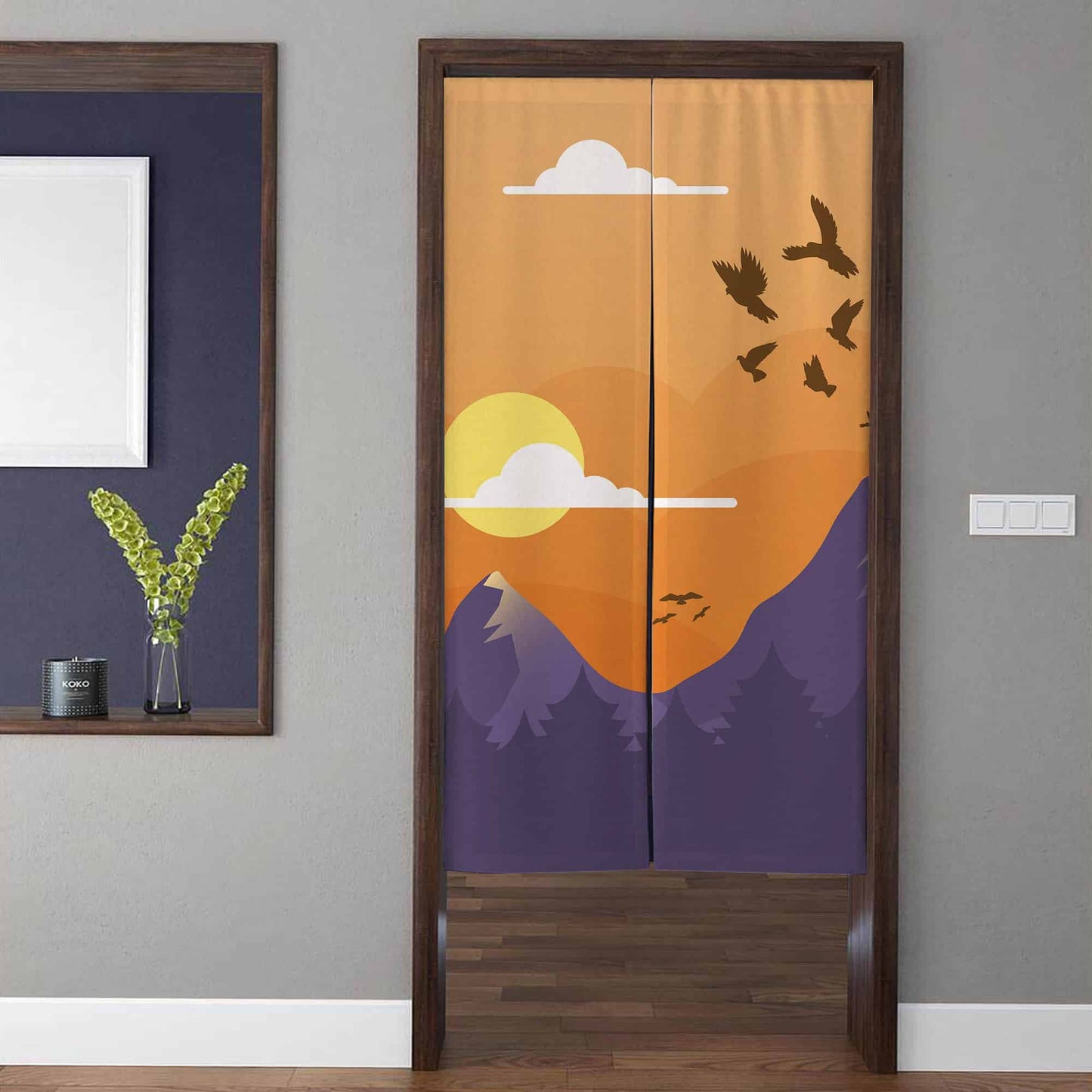 Minimalist Sunset Mountain Ridge & Soaring Birds Doorway Curtain Noren Room Divider