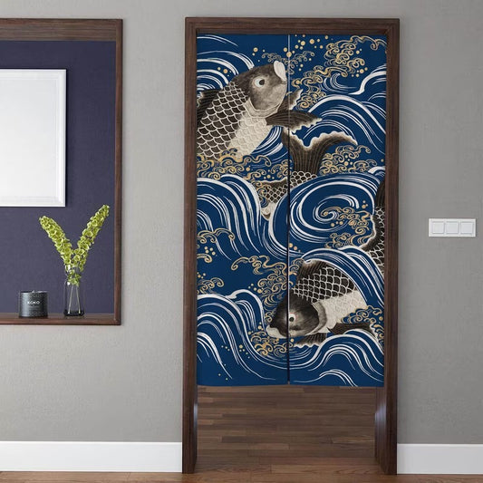 Traditional Japanese Ukiyo-e Koi Carp & Rushing Waves Doorway Curtain Noren Room Divider