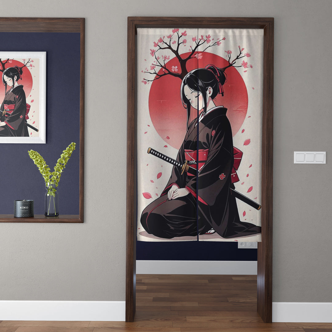 Japanese Vintage Anime Kneeling Black Kimono Female Samurai, Crimson Sun & Sakura Doorway Curtain Noren Room Divider