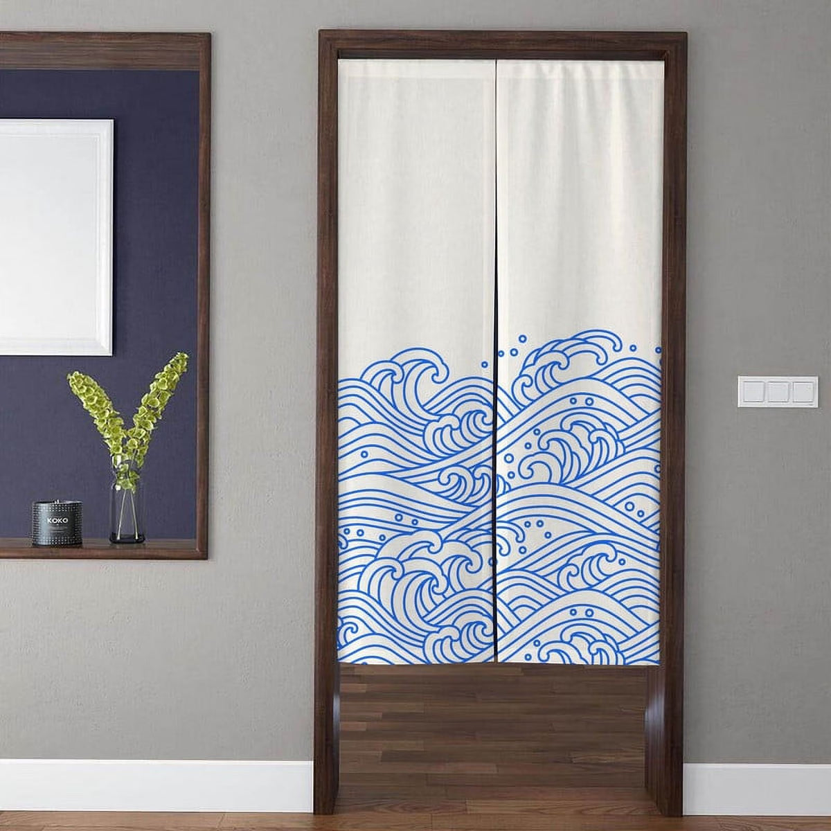 Traditional Japanese Blue Ocean Waves & Seigaiha Doorway Curtain Noren Room Divider