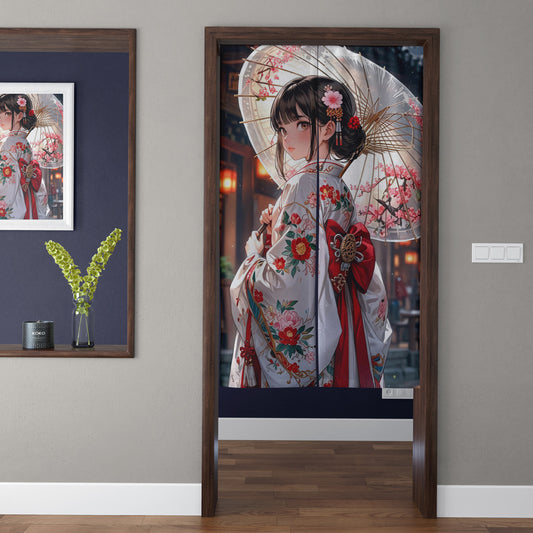 Japanese Vintage Anime White Floral Kimono Girl & Wagasa Parasol Doorway Curtain Noren Room Divider