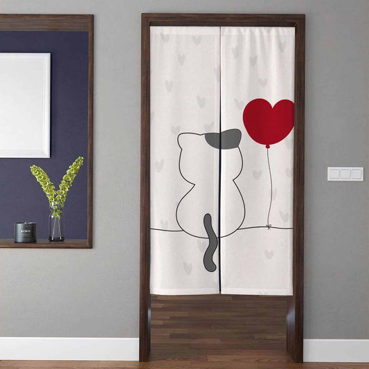 Minimalist Cute Cat Silhouette & Red Heart Balloon Doorway Curtain Noren Nursery Room Divider
