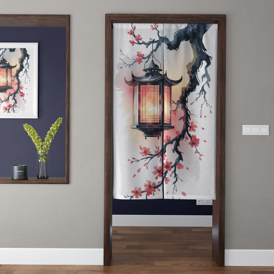 Japanese Traditional Ink Wash Hanging Lantern & Blooming Sakura Branch Doorway Curtain Noren Zen Room Divider
