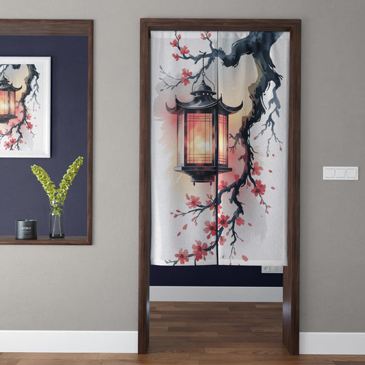 Japanese Traditional Ink Wash Hanging Lantern & Blooming Sakura Branch Doorway Curtain Noren Zen Room Divider