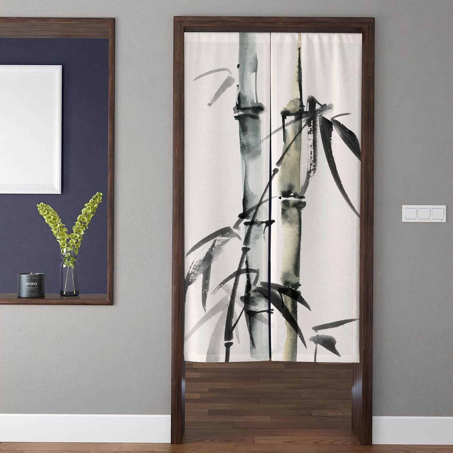 Japanese Traditional Sumi-e Ink Wash Green Bamboo Doorway Curtain Noren Zen Room Divider