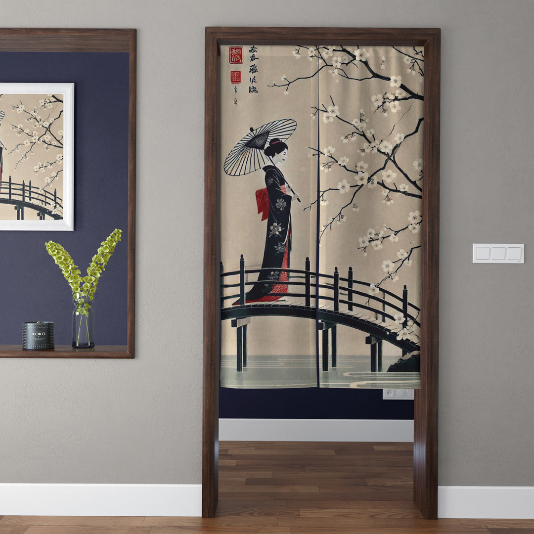 Japanese Traditional Vintage Ukiyo-e Geisha on Wooden Bridge & White Plum Blossoms Doorway Curtain Noren Zen Room Divider