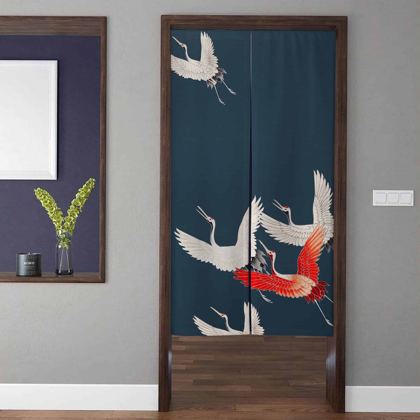 Japanese Traditional Flying Cranes & Red Wing Navy Doorway Curtain Noren Zen Room Divider