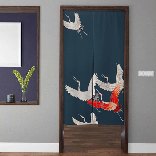 Japanese Traditional Flying Cranes & Red Wing Navy Doorway Curtain Noren Zen Room Divider