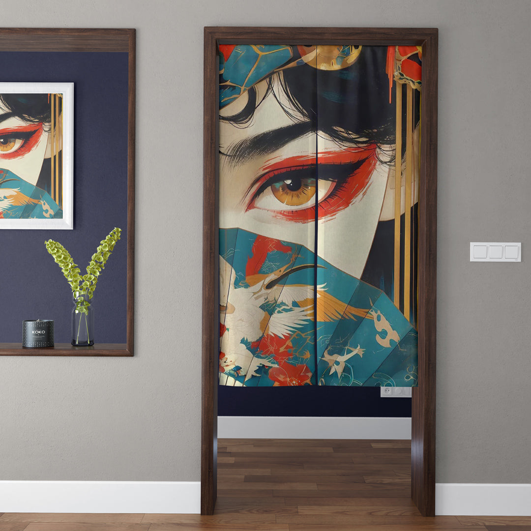 Japanese Traditional Modern Geisha Portrait, Crimson Kabuki Eyes & Crane Fan Doorway Curtain Noren Room Divider