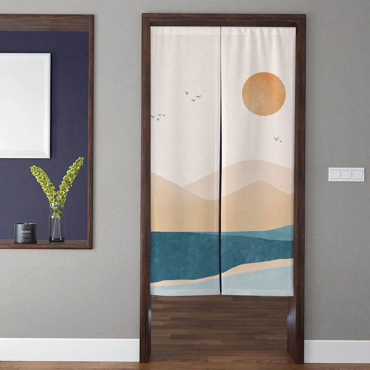 Minimalist Watercolor Sunset, Rolling Hills & Lake Landscape Doorway Curtain Noren Room Divider