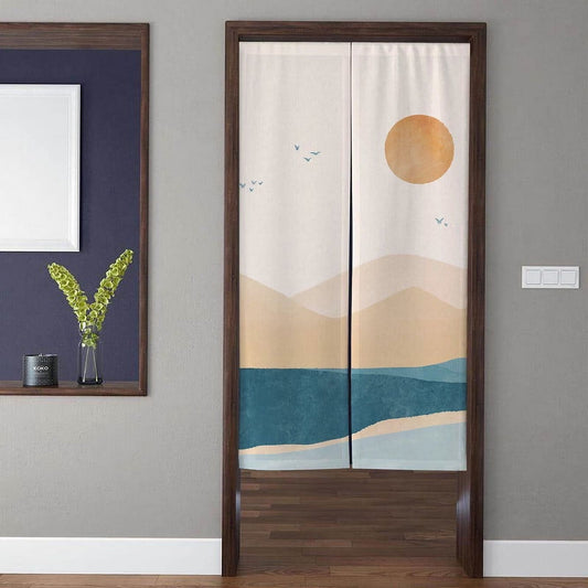 Minimalist Watercolor Sunset, Rolling Hills & Lake Landscape Doorway Curtain Noren Room Divider