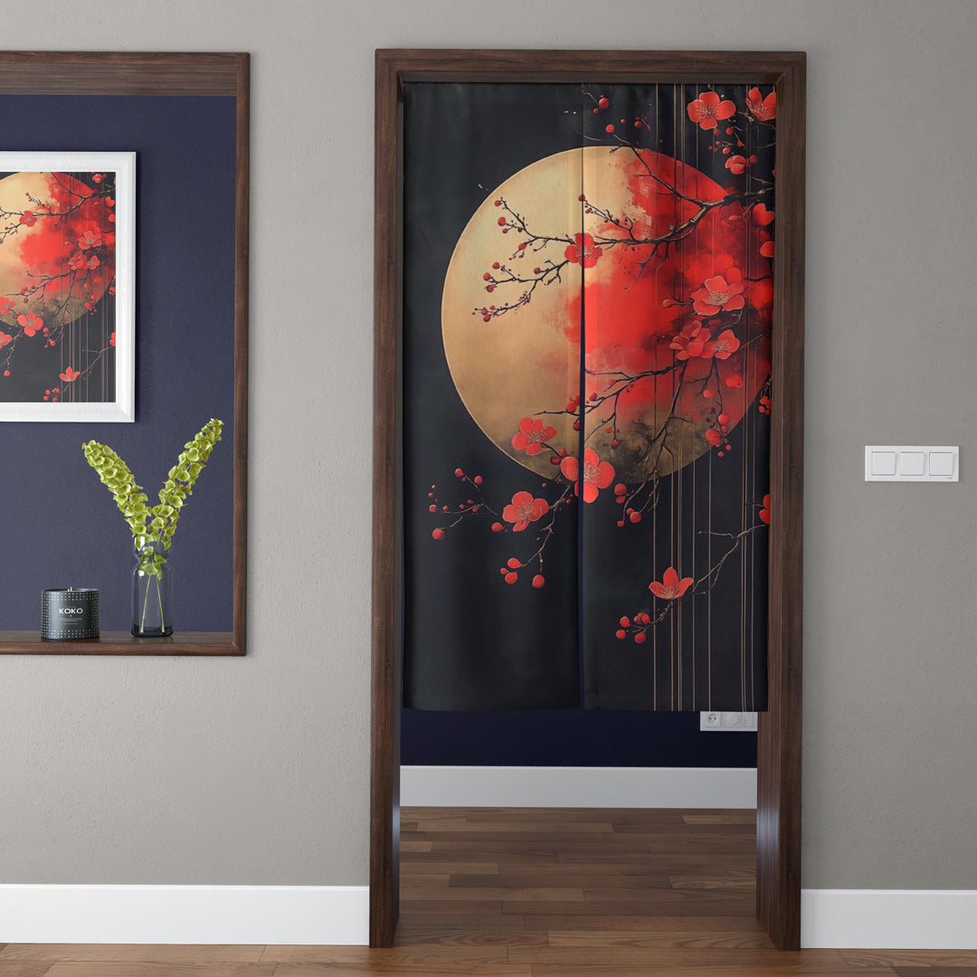 Japanese Traditional Vintage Midnight Black Golden Moon & Red Plum Blossoms Doorway Curtain Noren Zen Room Divider