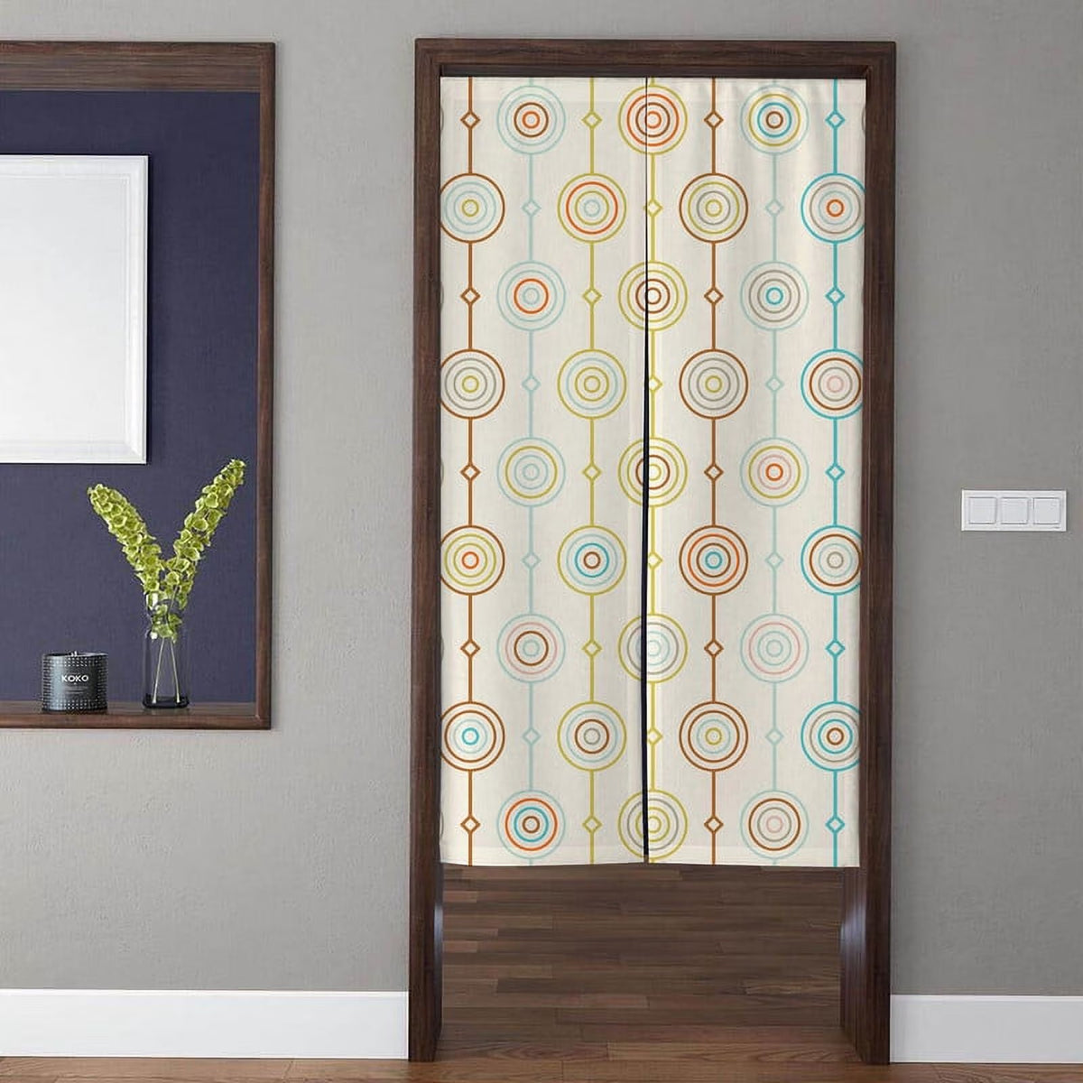 Mid-Century Modern Retro Concentric Circles & Vertical Connected Lines Doorway Curtain Noren Room Divider