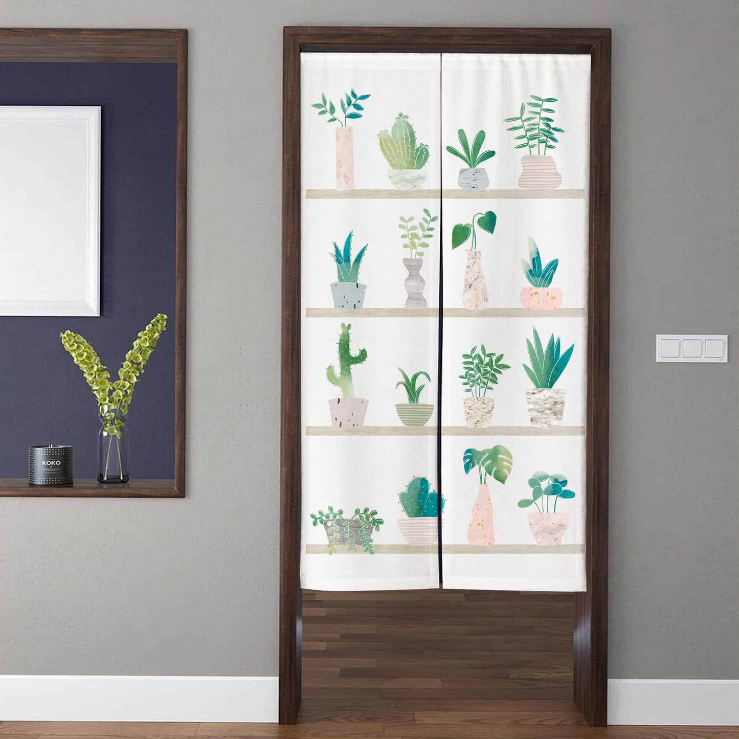 Minimalist Scandinavian Potted Plant Shelf & Monstera Doorway Curtain Noren Room Divider