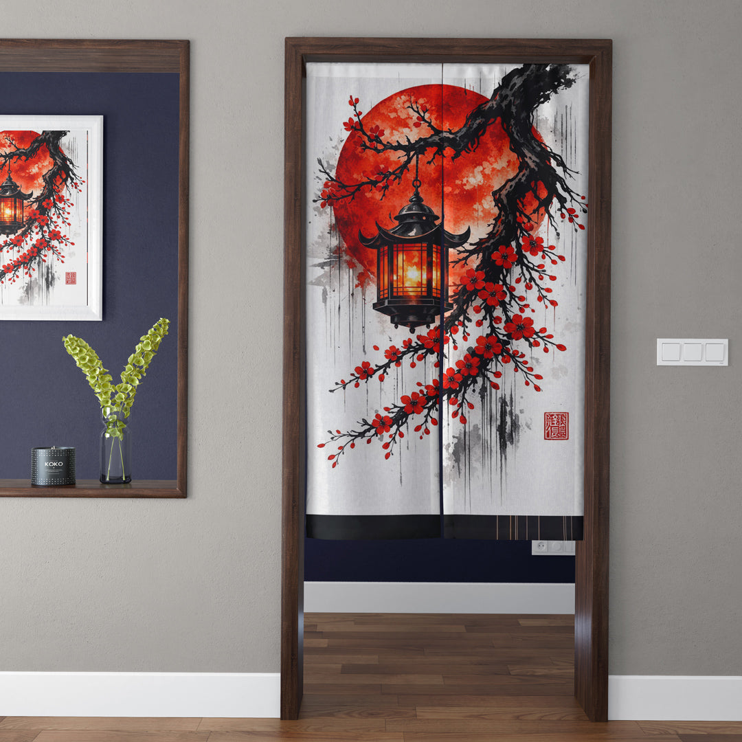 Japanese Traditional Ink Wash Crimson Sun, Hanging Lantern & Blooming Sakura Branch Doorway Curtain Noren Zen Room Divider