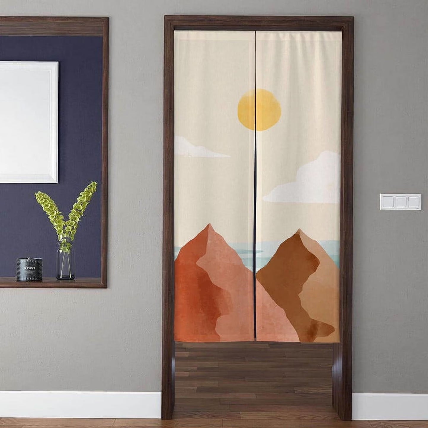 Minimalist Boho Abstract Terracotta Mountain Peaks & Golden Sun Doorway Curtain Noren Room Divider
