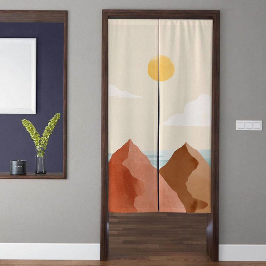 Minimalist Boho Abstract Terracotta Mountain Peaks & Golden Sun Doorway Curtain Noren Room Divider