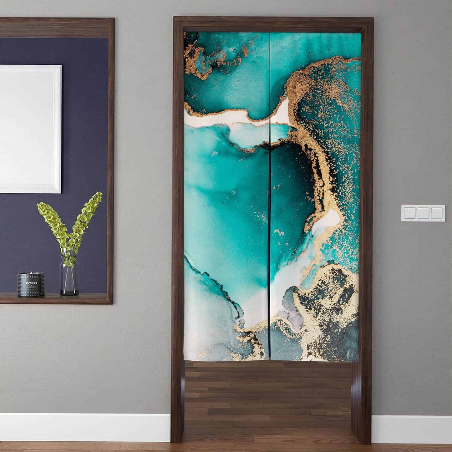 Emerald Turquoise Fluid Alcohol Ink & Gold Foil Marble Doorway Curtain Noren Abstract Luxury Room Divider