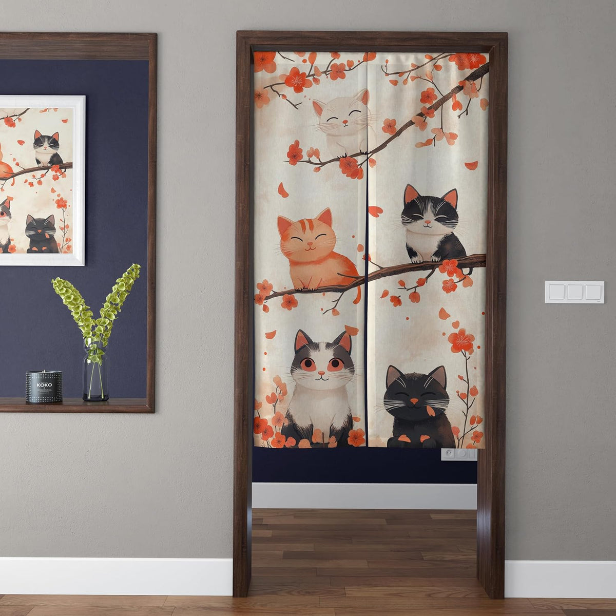 Japanese Watercolor Autumn Maple Branches & Four Cute Cats Doorway Curtain Noren Room Divider