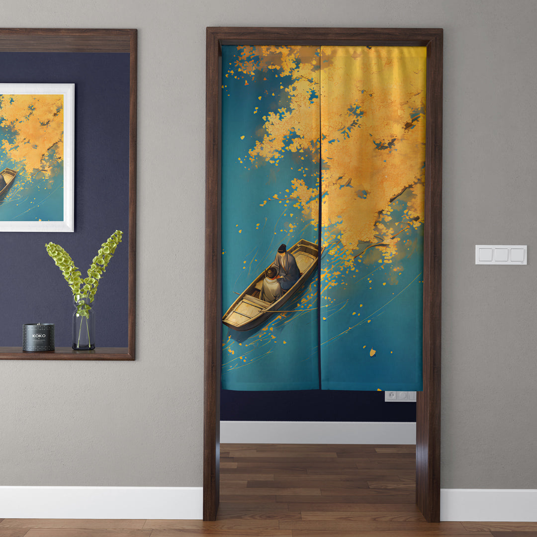Japanese Traditional Wooden Boat Under Golden Autumn Ginkgo Lake Doorway Curtain Noren Asian Zen Divider