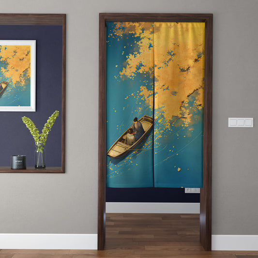 Japanese Traditional Wooden Boat Under Golden Autumn Ginkgo Lake Doorway Curtain Noren Asian Zen Divider