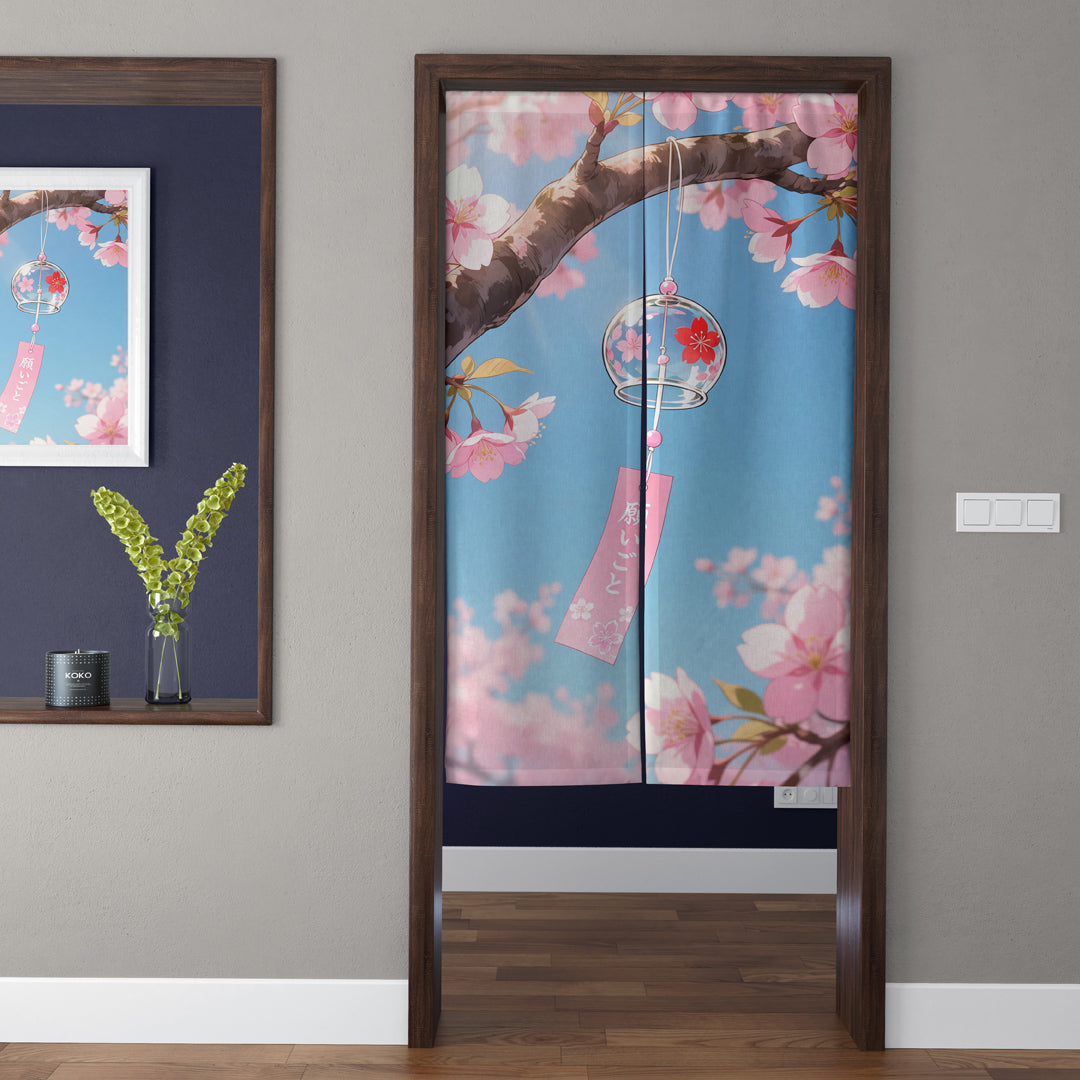 Japanese Sakura Cherry Blossom & Glass Wind Chime Sky Blue Doorway Curtain Noren Room Divider